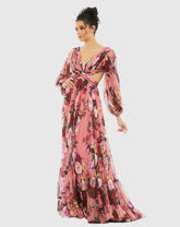 Pink Floral Cutout Open Back Blouson Sleeve Dress